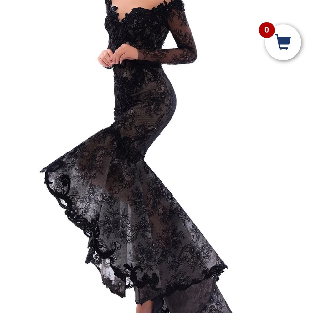 Tarik Ediz Black Lace Long-Sleeve Mermaid Gown